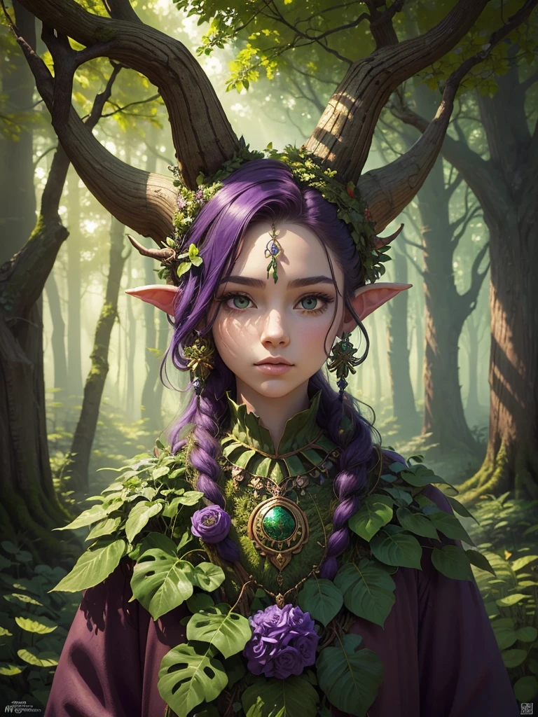 ((best quality)) , ((masterpiece)) , (detailed),A whimsical, anthropomorphic tree with a face and horns adorned with colorful foliage. Mystical forest setting with lush greenery and mystical elements. Earthy tones of browns and greens, with hints of purple and blue from the foliage. Digital art with an imaginative, fantasy-inspired aesthetic.