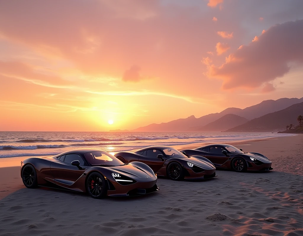 Three high-performance sports cars are parked on a beach at sunset, with the ocean and a mountain in the background. plss change the car angales in three different side
