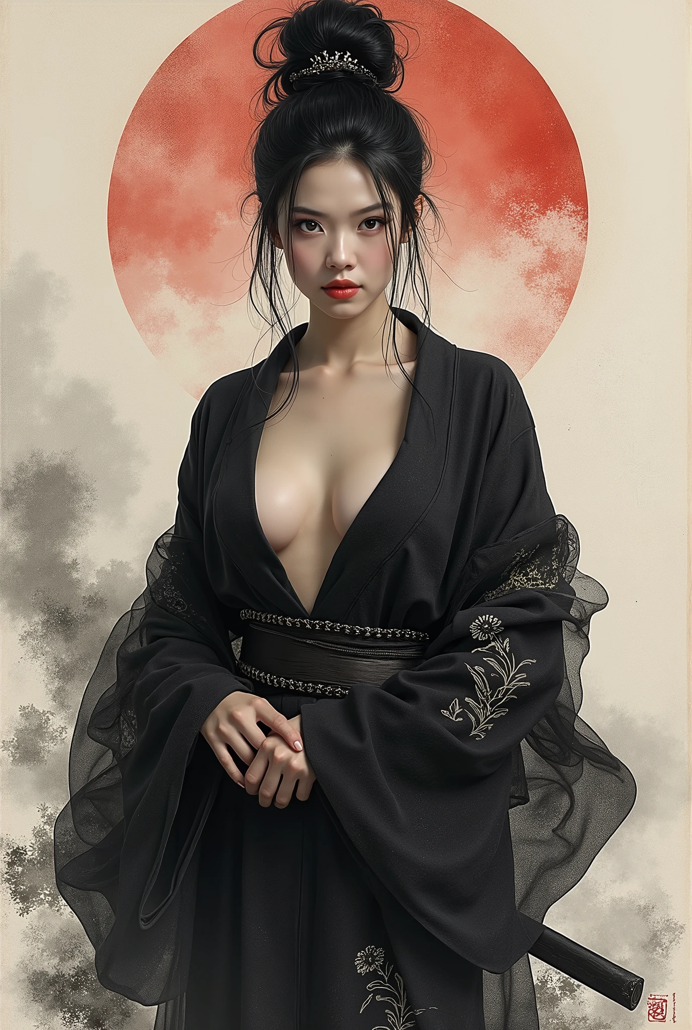 Wait warrior sexy, pretty face, Delicious Company, Alluring figure, Wearing a sexy open kimono. The artwork is created in a medium reminiscent of Japanese ink paintings....., Features bold brushstrokes and a Monochromatic color palette. artist'Masterful technique reveals the intensity and power of the image'sense of presence,with the highest quality, Perfectly capture every detail with ultra-high resolution. Textures and intricate patterns on kimonos are rendered with extreme precision. Lighting is carefully designed,Enhance drama, Features deep shadows and subtle highlights. General, The artwork exudes elegance and power, Combining traditional Japanese aesthetics with a modern feel. Monochromatic color palette, Combine details, Create captivating and immersive experiences for your audience.