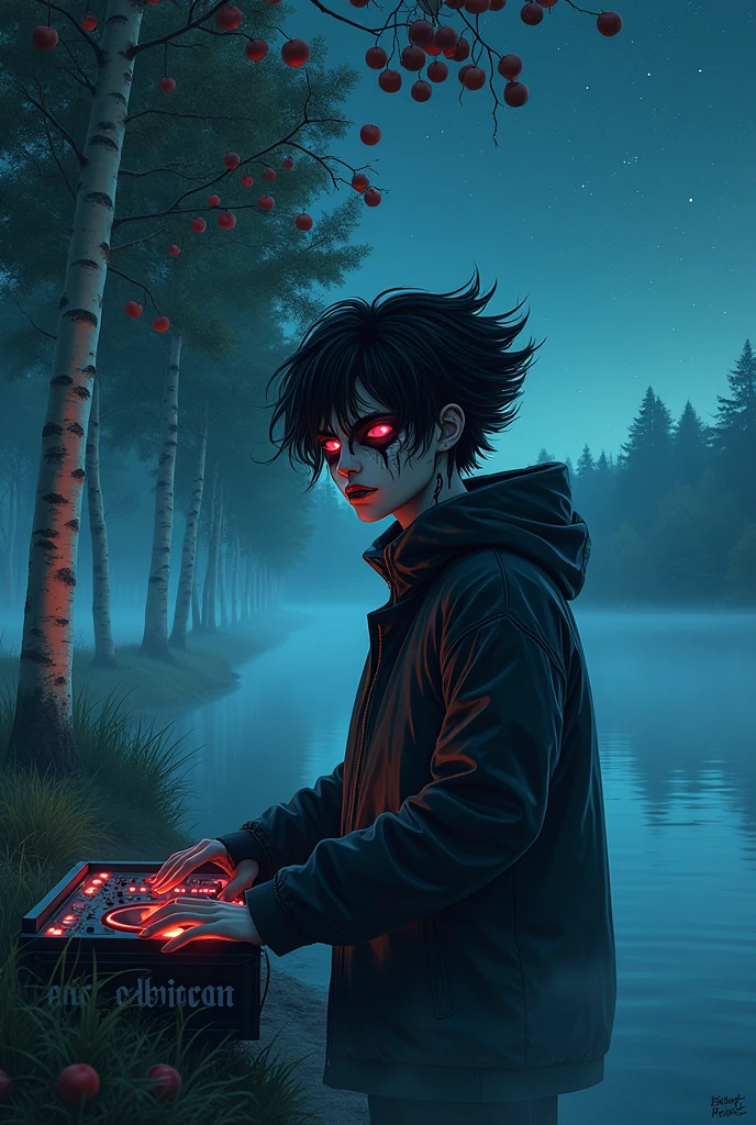 I'm a gabber dj, generalmente los dj tienen un personaje único y Fictional que los identifica, generate one for me that is 2D animated, masculine, Fictional, original and reflecting the love for hardcore music, that has underground style, Graffiti, and that it is very diabolical, evil and dark let it be only the face, and that has nothing to do with a human, Get inspired by the characters from Thunderdome, plano general, whole body, (Handsome young attractive ager emerging from a thick fog:1.3, Strong gothic makeup) a town on the shores of the lake, a white birch forest and an apple orchard, a starry night, ((Matias_adolsson style!)), gloomy and foggy atmosphere, Surrealism, The absurdity of tenderness, Attraction and rejection of extraordinary appearance, naive magic art, primitivism, protogeno, , ((Best Quality, masterpiece)), ((more detail)), impression:1,1, 8k