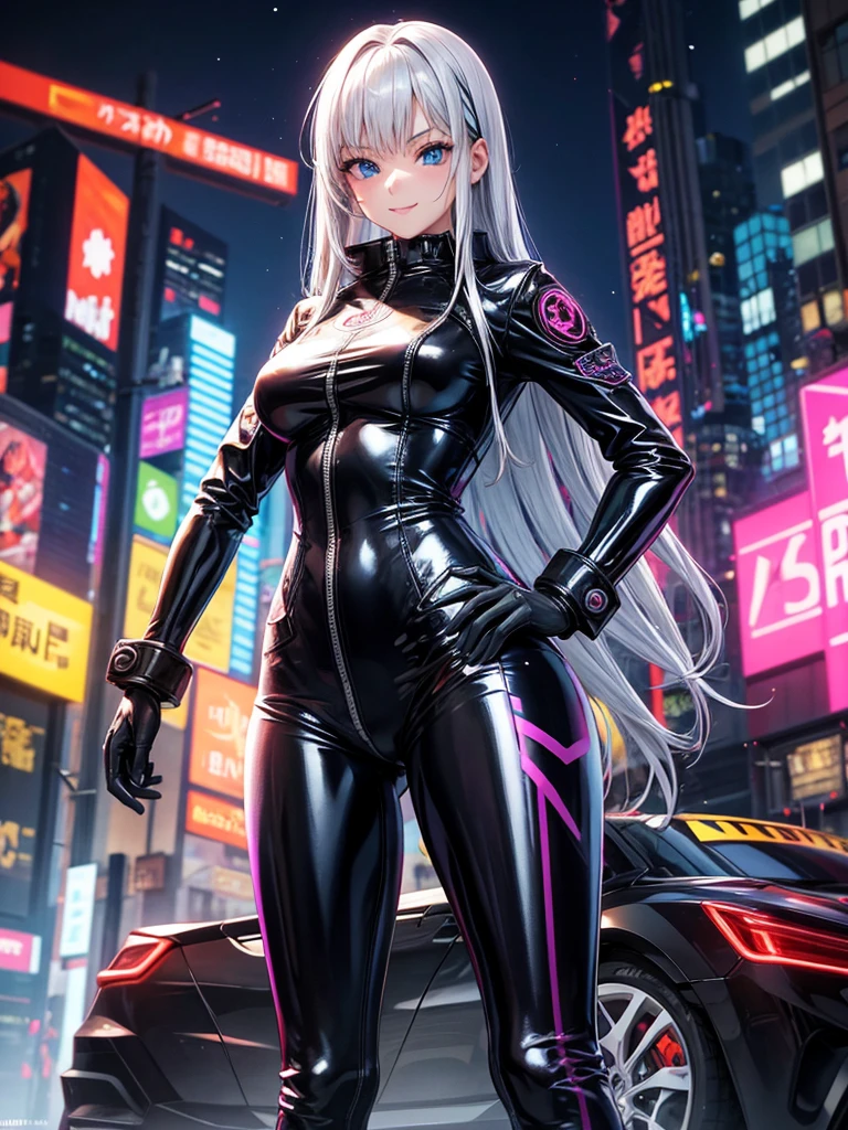 Best Quality,8k,middle School girls,Colorful latex suit,Bodysuits,smile,robotに乗る戦闘員,I'm grating my bangs,SF,Straight Hair,fur jacket,Hands in pockets,Leather pants,perfectionにまっすぐな髪型,Smooth hair,Silver Hair,beautiful girl,blue eyes,Standing posture,Cyberpunk Girl,Naughty・モデル,Absurd,Wearing,robot,I'm horny,Naughty,masterpiece,perfection,smile,Long Hair,
