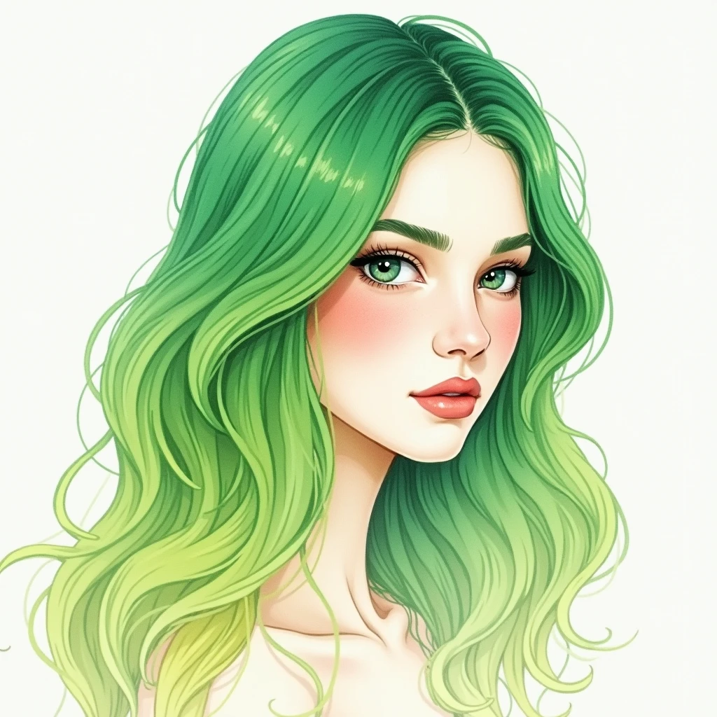 Lily　Hair green gradient　Watercolor style　woman