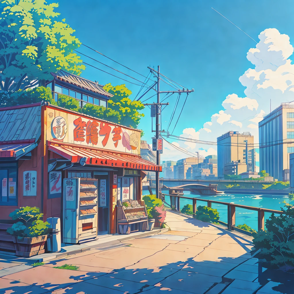 anime - style illustration of a restaurant on a waterfront with a river in the background, anime background art, anime style cityscape, detailed scenery —width 672, beautiful anime scenery, tokyo anime scene, anime scenery, anime scenery concept art, hd anime cityscape, anime landscape, realistic anime 3 d style, in style of makoto shinkai, japanese cartoon style