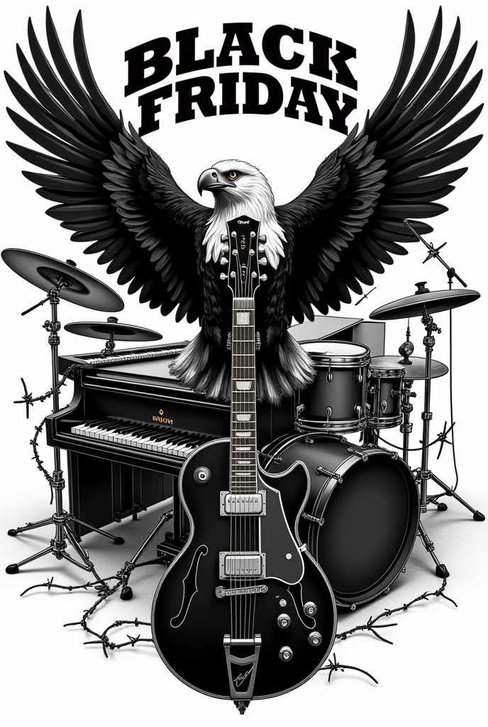 Rock band t-shirt logo, piano, drum set, cymbals, keyboard, barbed wire wrapped guitar, eagle, all instruments combined, BLACK FRIDAY, black and white