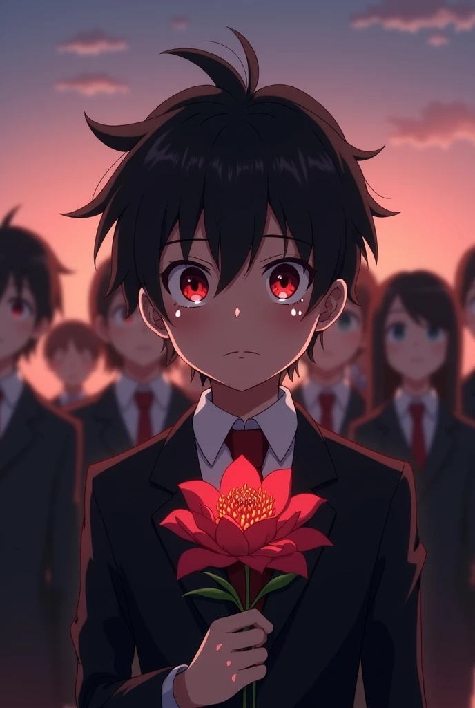 Anime. . Boy. Black hair. Red eyes. Crying. Boy crying very magnificently. Suit. Holding a flower. People in the back.