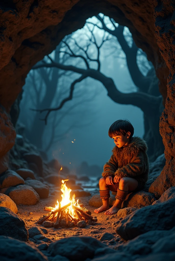 A boy child of eight year sitting on stone in front of small fire in dark cave and some woods are on one side of child in clothes of ice age era