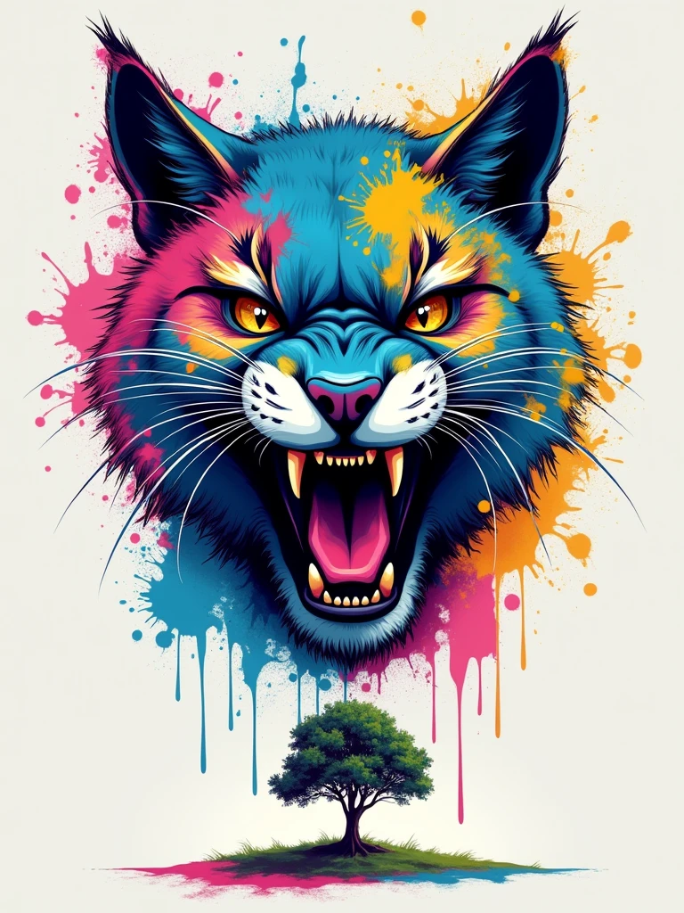 Vibrant and dynamic digital illustration featuring the head of a roaring wildcat. The style is a blend of abstract and graffiti art, with bold, vivid colors including shades of blue, pink, yellow, and green. The wildcat's fur is depicted with splashes of color and paint splatters, giving it a lively and energetic appearance. The background is a light gray, which contrasts sharply with the colorful subject. The wildcat's eyes are piercing and intense, adding to the fierce expression. Below the wildcat, there is a small silhouette of a tree, adding an element of nature to the composition. The overall layout is centered, with the wildcat's head as the focal point, surrounded by artistic splatters and brush strokes.