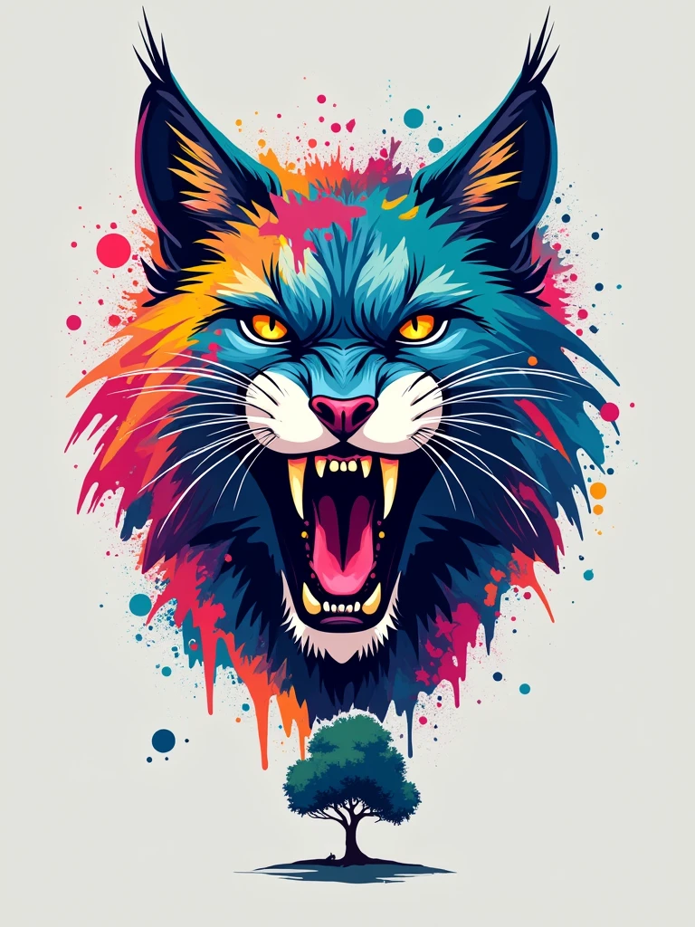 Vibrant and dynamic digital illustration featuring the head of a roaring wildcat. The style is a blend of abstract and graffiti art, with bold, vivid colors including shades of blue, pink, yellow, and green. The wildcat's fur is depicted with splashes of color and paint splatters, giving it a lively and energetic appearance. The background is a light gray, which contrasts sharply with the colorful subject. The wildcat's eyes are piercing and intense, adding to the fierce expression. Below the wildcat, there is a small silhouette of a tree, adding an element of nature to the composition. The overall layout is centered, with the wildcat's head as the focal point, surrounded by artistic splatters and brush strokes.