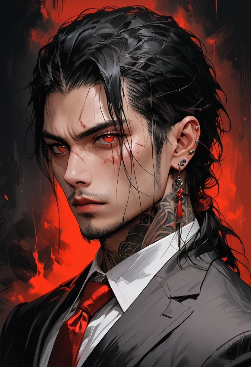 Realistic Digital Painting with Concept Art Elements"," digital painting," "concept art," "realistic," "high detail", "muscular",, "high-res", "ominous aura,", "8k resolution", "oil painting", "darker tone" , "dark saturation" ,"dark feeling", "concept art" , "detailed features" , "detailed eyes" , "1 man" , "scarred face" , "dark red eyes" , "dangerous" , "yakuza" , "tattooed neck" , "suit" , "long black hair' , "dangerous"