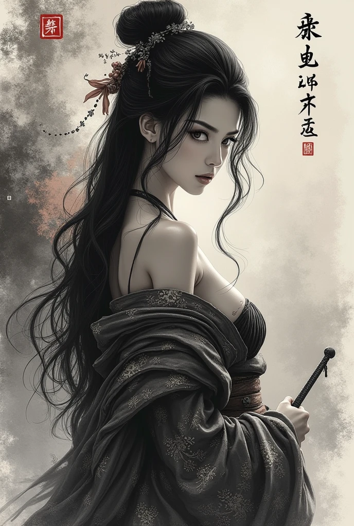 Wait warrior sexy, pretty face, Delicious Company, Alluring figure, Wearing a sexy open kimono. The artwork is created in a medium reminiscent of Japanese ink paintings....., Features bold brushstrokes and a Monochromatic color palette. artist'Masterful technique reveals the intensity and power of the image'sense of presence,with the highest quality, Perfectly capture every detail with ultra-high resolution. Textures and intricate patterns on kimonos are rendered with extreme precision. Lighting is carefully designed,Enhance drama, Features deep shadows and subtle highlights. General, The artwork exudes elegance and power, Combining traditional Japanese aesthetics with a modern feel. Monochromatic color palette, Combine details, Create captivating and immersive experiences for your audience.