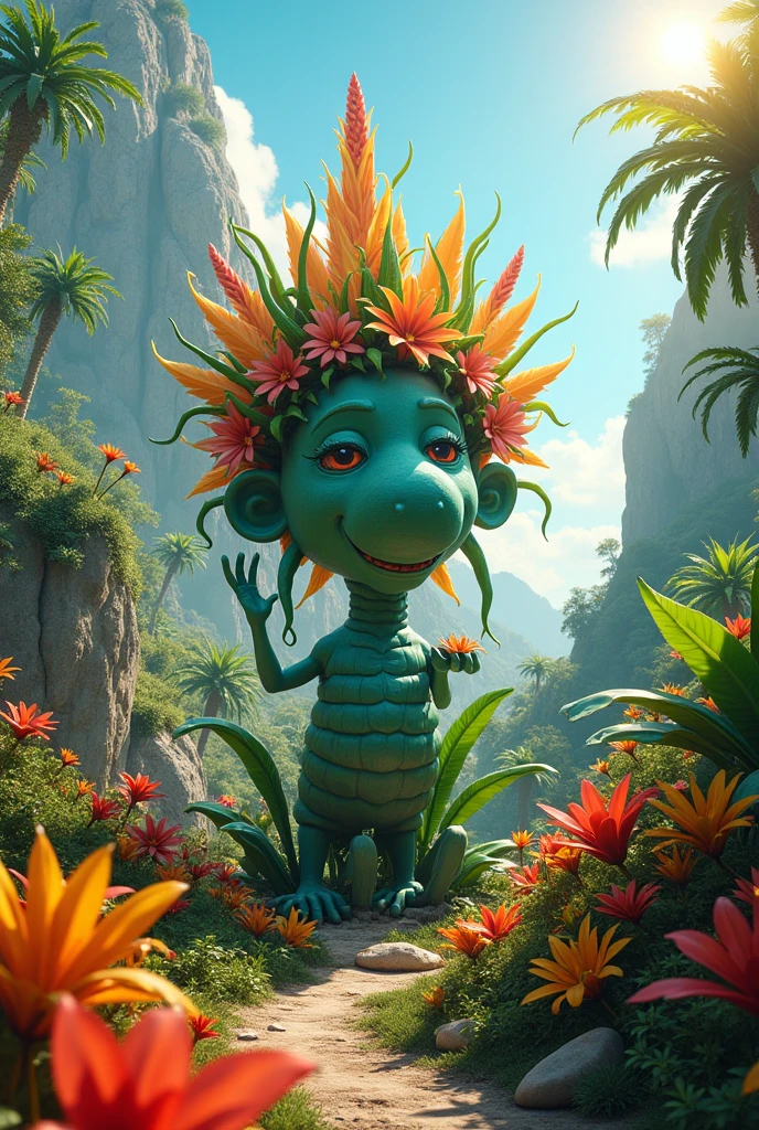 Ultra realistic scene, parallel world, tropical otherworldly plant as god, cult, tropical flowers, unusual art, unique art, summer blue sky background, sunlight, bright sunlight, blender, product rendering, HD 8K.