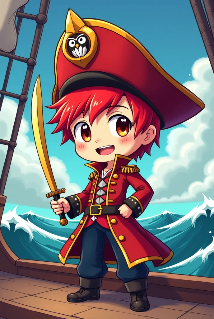 Chibi-e,boy , pirate king, 1 boy , red short hair , handsome , red milatary coat , gold sword , happy , owl symbol crest hat , slim body , mordern ship , mordern clothes, ultra detail ,no repeat item , rough nature , anime face and image
