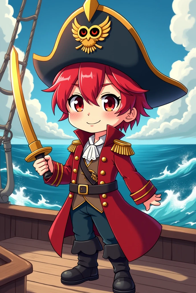 Chibi-e,boy , pirate king, 1 boy , red short hair , handsome , red milatary coat , gold sword , happy , owl symbol crest hat , slim body , mordern ship , mordern clothes, ultra detail ,no repeat item , rough nature , anime face and image