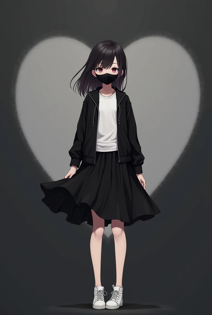 Image of a girl wearing a black jacket with white tshirt inside of the jacket, a black skirt or frock, a black mask and a white shoes . The background should have should have blackish grey colour and a half heart with white boundary a
and the girl should stand inside the boundary of heart . The girl is an anime girl. The image contains only half heart the full image is not shown in the picture oly half heart and the girl is a young girl the mask is on the mouth 
