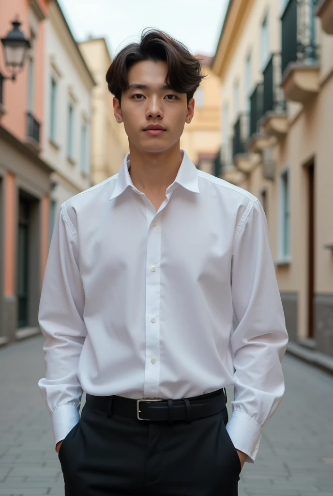 I man with young looking face but mature at the same time with his middle part hair pair with his long sleeved polo and black trouser pants and tall, handsome about 19 of age maybe 6foot tall, white skin tone, flawless, two block middle part taper fade hair long, with thin masculine body, kpop hair
With his long sleeved polo