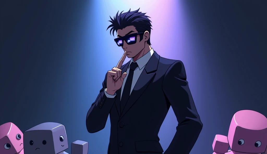 (photorealism:1.2), Create an anime-style image featuring three apps. The 'Blurrr' app is in the center, dressed in a black suit, striking a commanding pose with one finger on its lips, signaling the other two apps to be quiet. The 'CapCut' and 'Alight Motion' apps are shown in one corner, huddled together, appearing nervous and fearful, as if they are cornered. They should be large and prominent in the thumbnail. The faces of the apps should be simple squares or circles to allow for easy logo placement. Use a gradient background to highlight the central figure of the 'Blurrr' app and its intimidating stance."