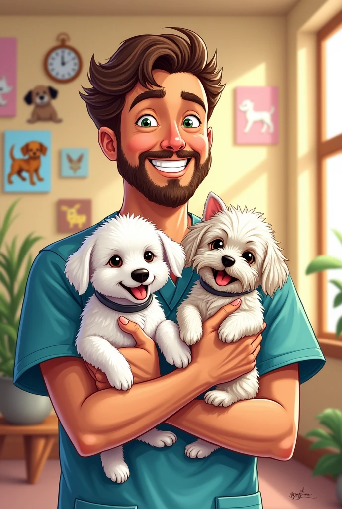 Make a crayon-style illustration of a light-skinned male veterinarian, holding two puppies, uma poodle branca e uma Yorkshire com o pelo ralo.