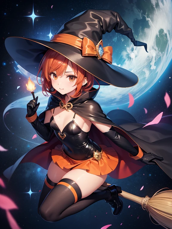 Witch on a broom,(orange dress:1.2),Orange on the inside blue on the outside cape,orange mini skirt,Leather gloves,red hair,Open chest,black Knee-high socks,(blue hat:1.4),Big breasts
