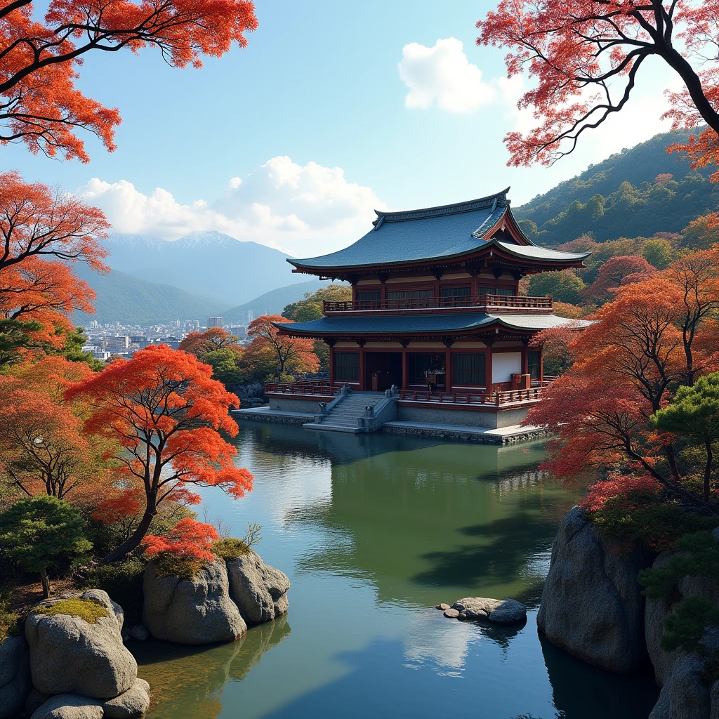 Generate an image of Kiyomizu-dera Temple.。The image shows、Focus on the wooden stage, a characteristic feature of Kiyomizu-dera Temple.、Include a scene depicting the temple with the lush nature of Kyoto.。The temple is located on a high platform.、Express that the view is magnificent.、Emphasize the scenery especially during the beautiful seasons of autumn leaves and cherry blossoms.。under the clear sky、Ensure the traditional architectural style of Kiyomizu-dera Temple is clearly visible.。