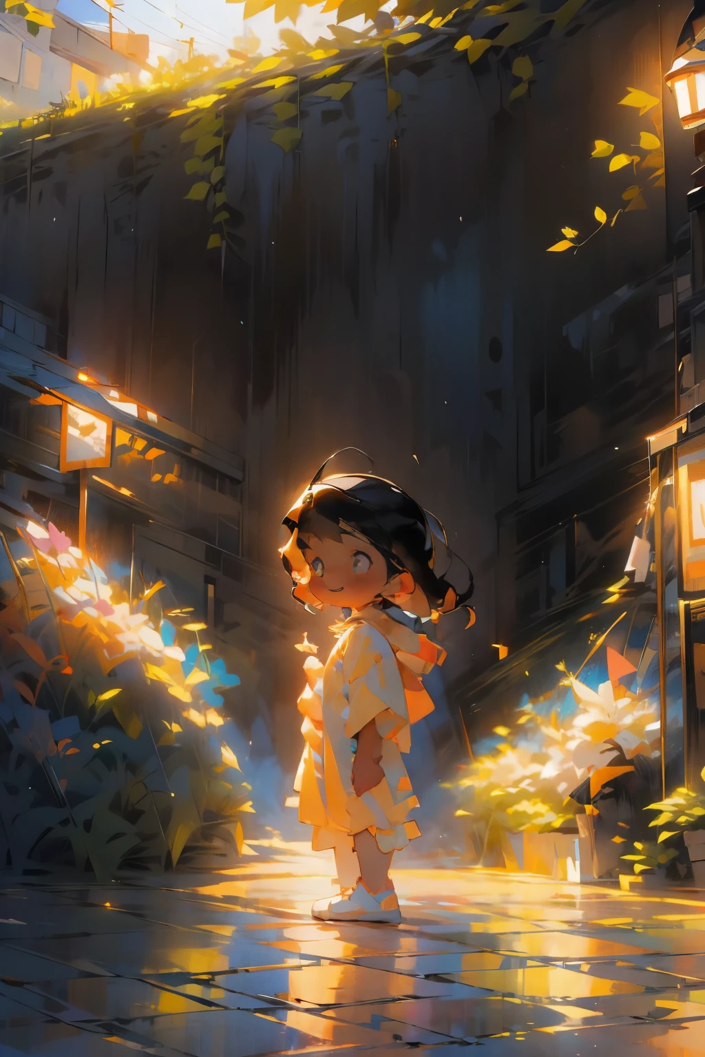 masterpiece, best quality, cute, kawaii, 1 girl,small ???,solo,silver brite hair,golden brite shining eyes,smile face,colorless,outside,standing in the middle of street,noisy town,midnight, many streetlight,wearing skiny pants and shirts, skin color dark brown