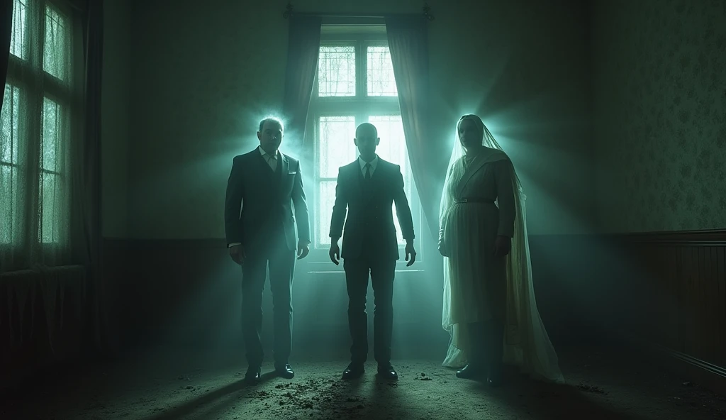 Three men ghoast in room in back sholder scenes 