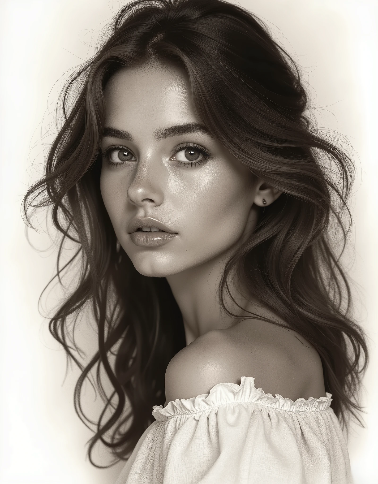beautiful young woman, 1woman, knee shot, 22 years old, charcoal drawing, sepia, white background, (best quality,4k,8k,highres,masterpiece:1.2),ultra-detailed,(realistic,photorealistic,photo-realistic:1.3),vermeer style,chiaroscuro lighting,detailed facial features,beautiful eyes,long eyelashes,delicate skin,flowing hair