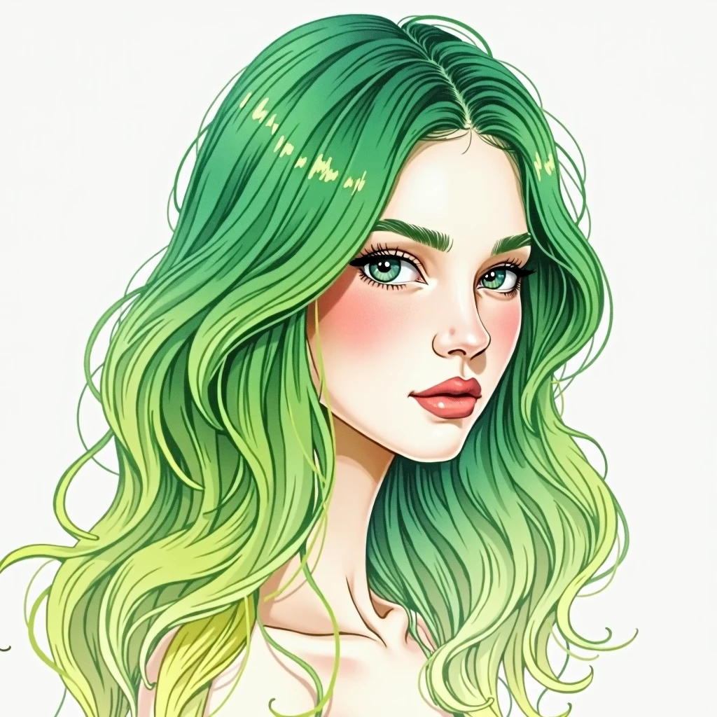 Beautiful girl looks like Billie Eilish, sexy figure, sexy pose, hot clothes, green and black hair, beauty face
