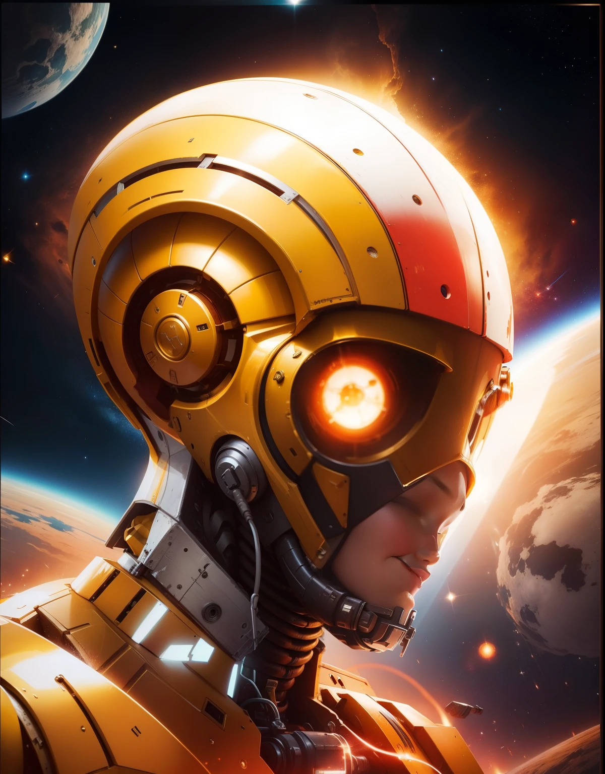 yellow, red, white, metal robot, in space, well detailed