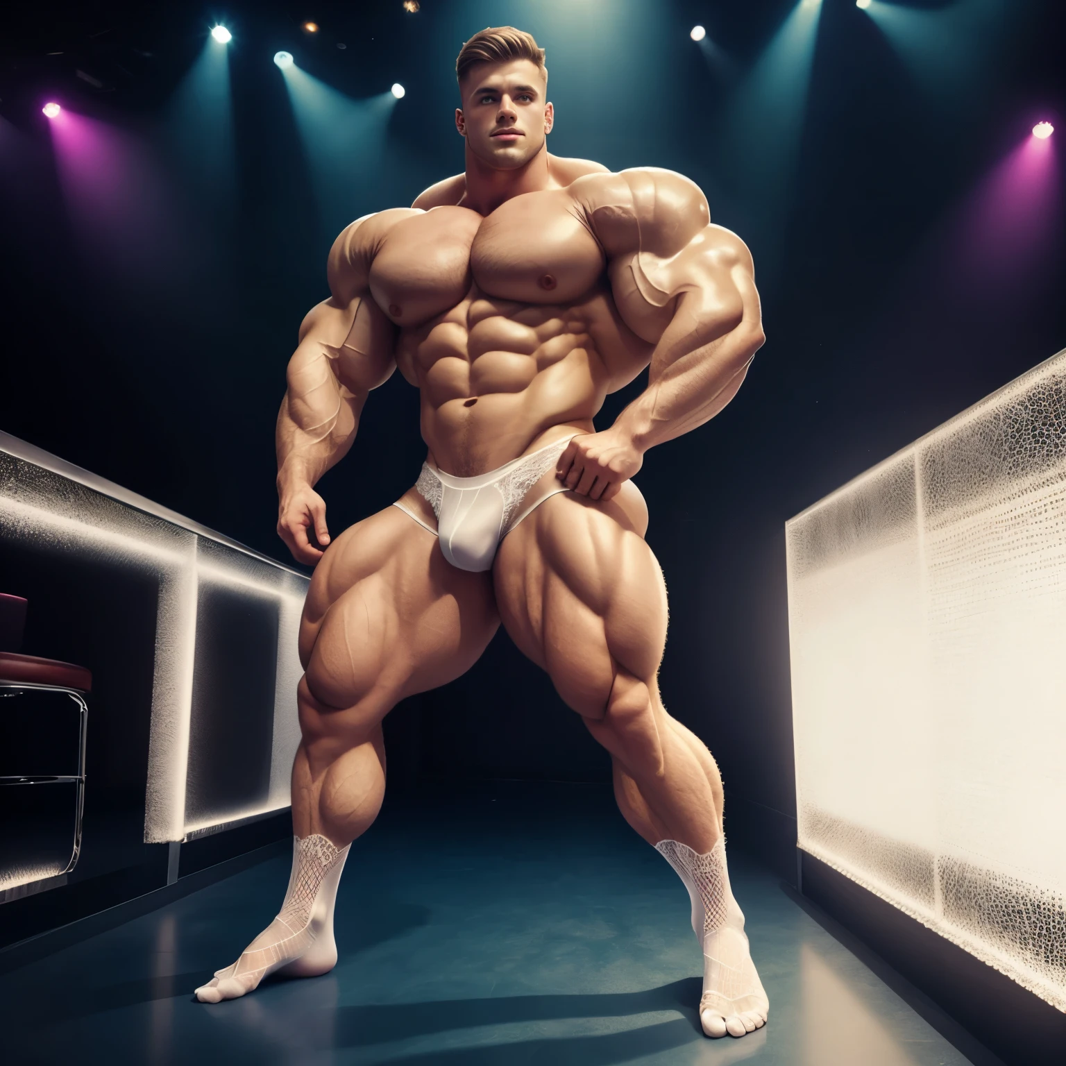 full body view, a professional white european handsome male bodybuilder in transparent white sheer lace underwear and white sheer lace socks, no shoes, posing in a nightclub. erotic pose. aroused