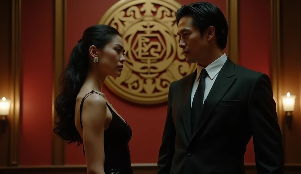 a close up of a woman in a dress standing next to a man in a suit, mafia background hyper detailed, mafia, chinnese mafia, official, the sigil of the mafia, bank robbery movies, action film, hannibal, action thriller, corporate boss, tv series, bossfight, in the john wick movie