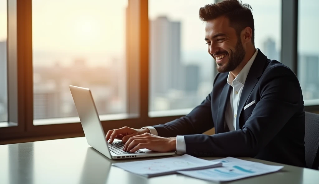 side view of a young smiling man analyzing financial statements, sitting in a chair at his desk, looking on the data, wearing a suit, fancy clothes, in the modern office, natural lighting,stock photodraphy