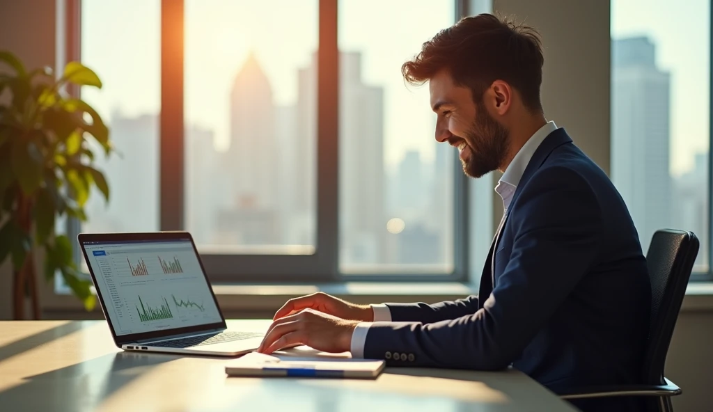 side view of a young smiling man analyzing financial statements, sitting in a chair at his desk, looking on the data, wearing a suit, fancy clothes, in the modern office, natural lighting,stock photodraphy