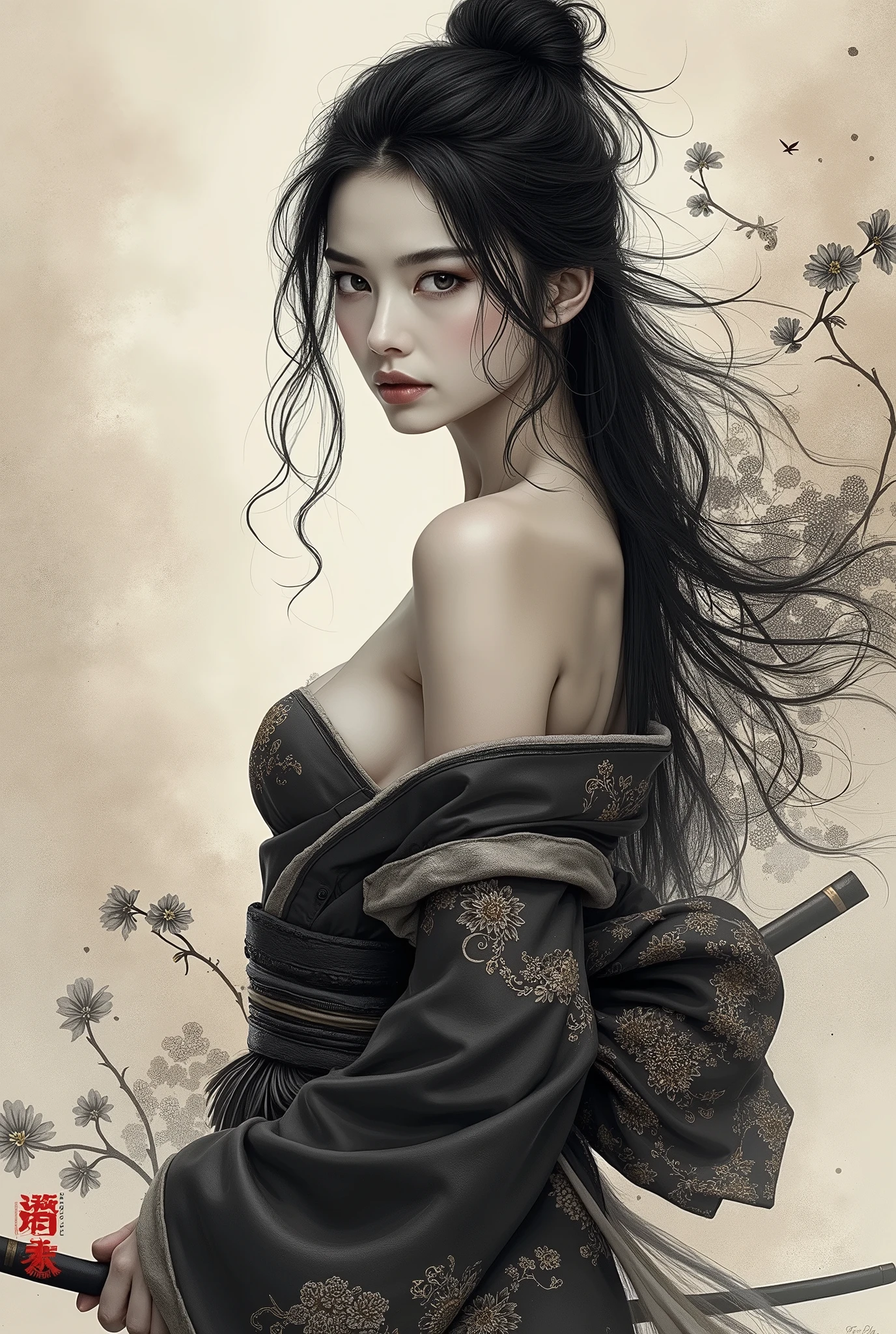 Wait warrior sexy, pretty face, Delicious Company, Alluring figure, Wearing a sexy open kimono. The artwork is created in a medium reminiscent of Japanese ink paintings....., Features bold brushstrokes and a Monochromatic color palette. artist'Masterful technique reveals the intensity and power of the image'sense of presence,with the highest quality, Perfectly capture every detail with ultra-high resolution. Textures and intricate patterns on kimonos are rendered with extreme precision. Lighting is carefully designed,Enhance drama, Features deep shadows and subtle highlights. General, The artwork exudes elegance and power, Combining traditional Japanese aesthetics with a modern feel. Monochromatic color palette, Combine details, Create captivating and immersive experiences for your audience.