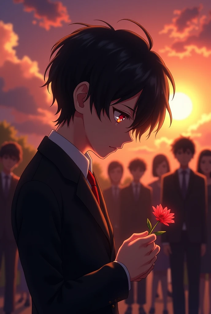 Anime. . Boy. Black hair. Red eyes. Crying. Boy crying very magnificently. Suit. Holding a flower. People in the back.