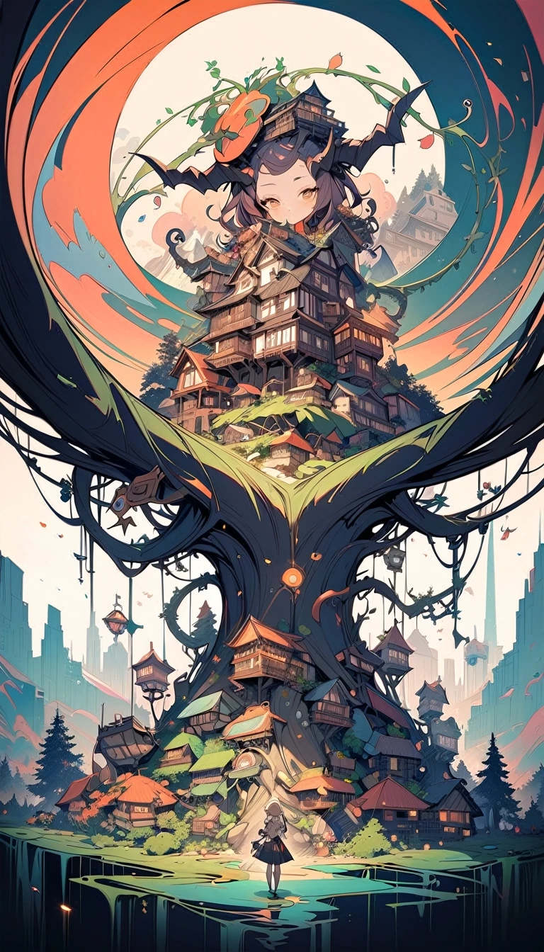 ((best quality)) , ((masterpiece)) , (detailed),a tree with horns and vines in the air, in the style of anime-inspired art, dark orange and green, light brown and black, whimsical illustrations, animated characters, colorful