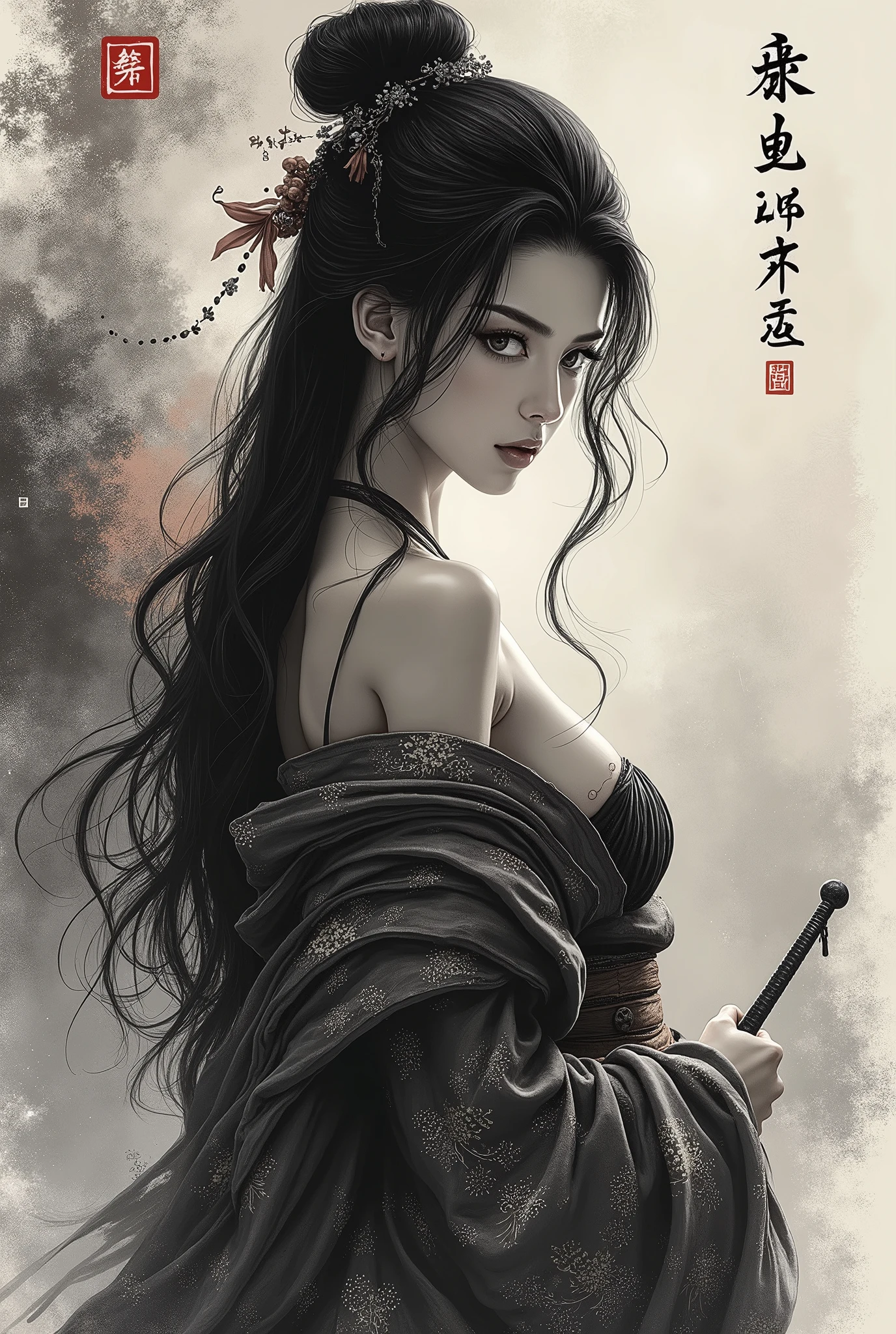 Wait warrior sexy, pretty face, Delicious Company, Alluring figure, Wearing a sexy open kimono. The artwork is created in a medium reminiscent of Japanese ink paintings....., Features bold brushstrokes and a Monochromatic color palette. artist'Masterful technique reveals the intensity and power of the image'sense of presence,with the highest quality, Perfectly capture every detail with ultra-high resolution. Textures and intricate patterns on kimonos are rendered with extreme precision. Lighting is carefully designed,Enhance drama, Features deep shadows and subtle highlights. General, The artwork exudes elegance and power, Combining traditional Japanese aesthetics with a modern feel. Monochromatic color palette, Combine details, Create captivating and immersive experiences for your audience.