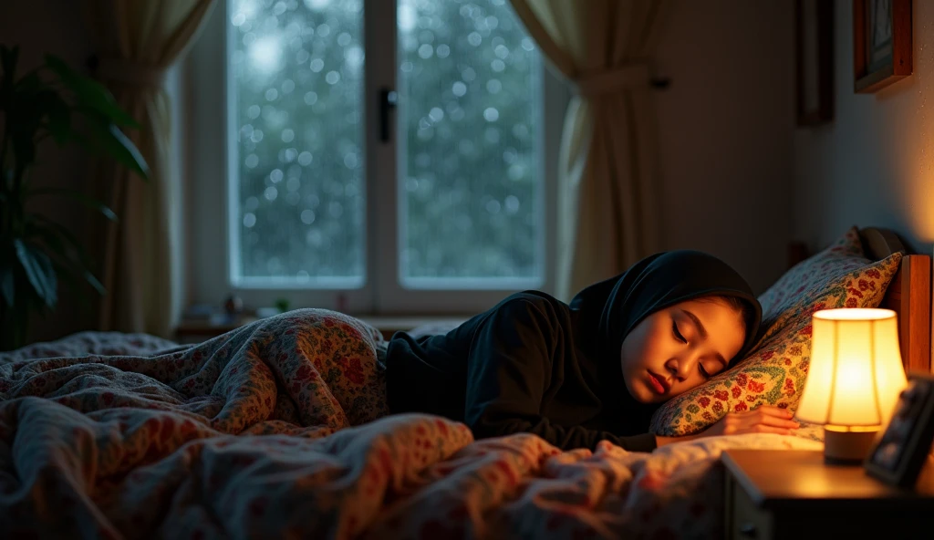 Girl in a black headscarf,Muslim,sleeping soundly in her room.hujan di jendela kaca malam hujan gadis Muslim kaca malam hujan wanita