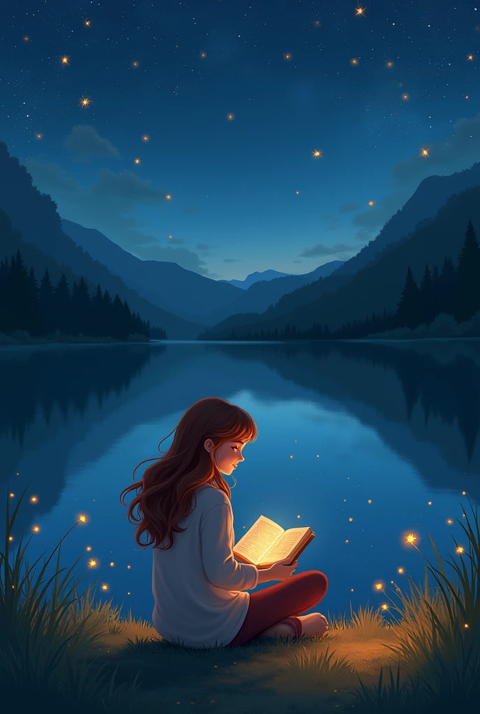 A woman sitting reading a book with stars and lake in the background. Make it animated