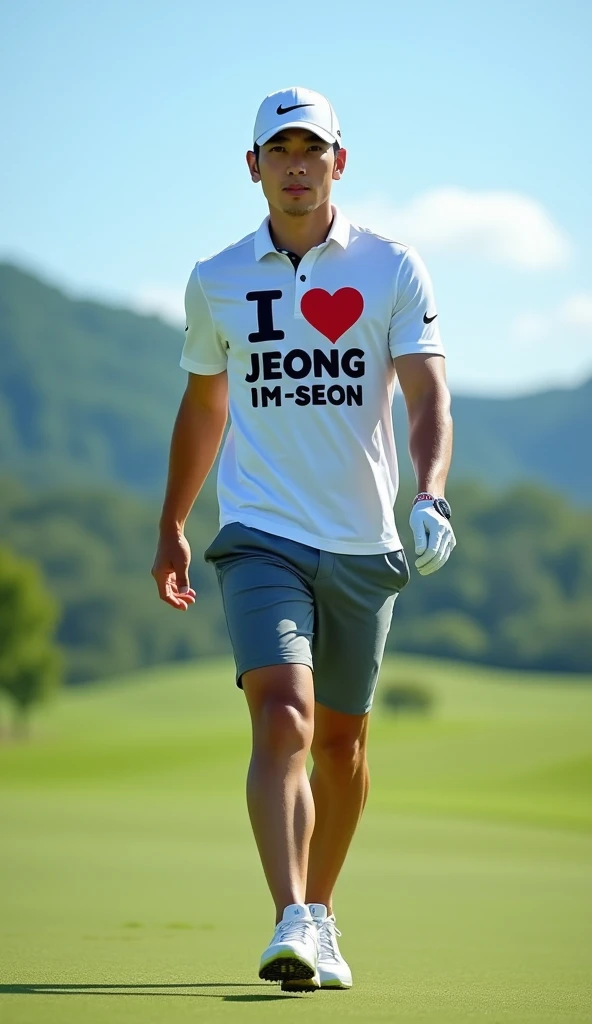 Make a picture of a handsome Korean male golf player, The shoes are Nike, The hat is Nike, Make me a pair of Nike shorts, Make a view of me walking towards you, bust shot, Make your eyes clearer, Make a T-shirt with the words "I love Jeong Im-seon"