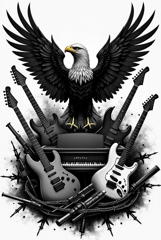 Rock band t-shirt logo, piano, drum set, cymbals, keyboard, barbed wire wrapped around three guitars, eagle, gun, war background, all instruments combined, BLACK FRIDAY, black and white