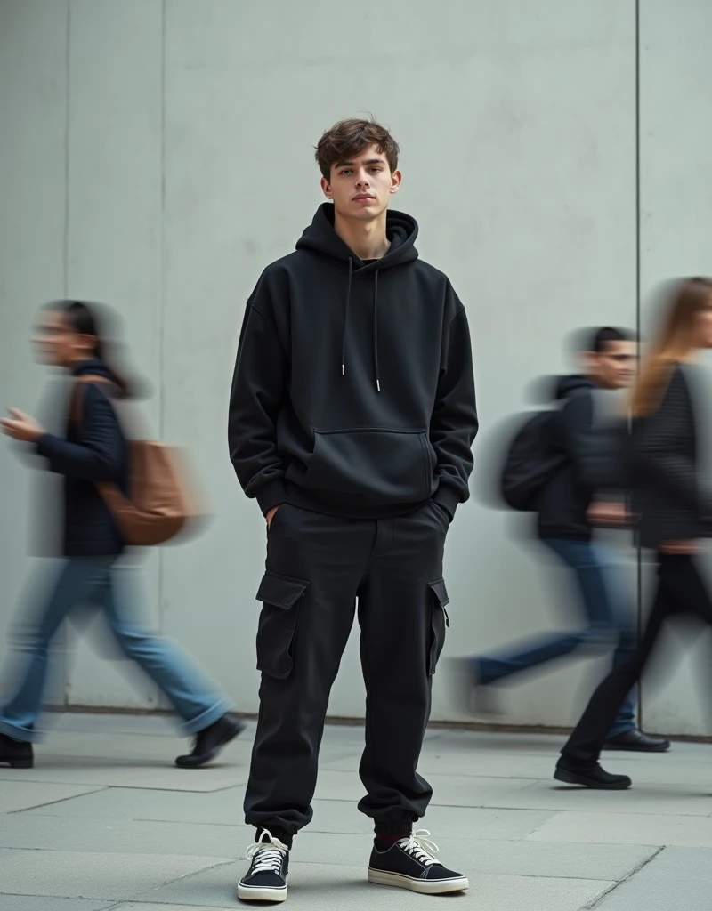 photoraphy, artistic image capturing the essence of urban hustle with a single focused young man proffesional model figure standing still, surrounded by a blurred motion of multiple people walking past him, creating a sense of movement, model wearing black loose hoody and black cargo pants with black skateboard shoes, Sony α9 II with Sony FE 100-400mm f/4.5-5.6 GM OSS lens, the setting is an open, minimalistic space with soft, indirect lighting and a neutral color scheme that accentuates the motion blur, the main subject is sharply in focus, contrasting with the transient figures around him, highlighting the theme of stillness amidst chaos. background should be a plain wall with a subtle texture to keep the attention on the motion effect --ar 9:16 --style raw --stylize 750 --v 6