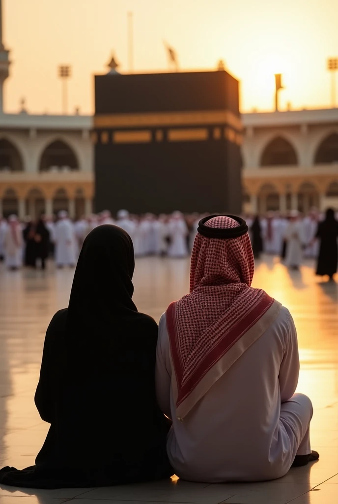 A girl and a boy 20 year old going to perform Umrah in Mecca, Saudi Arabia are sitting facing the Kaaba, the girl is wearing a black hijab and the boy is wearing a saudi scarf.