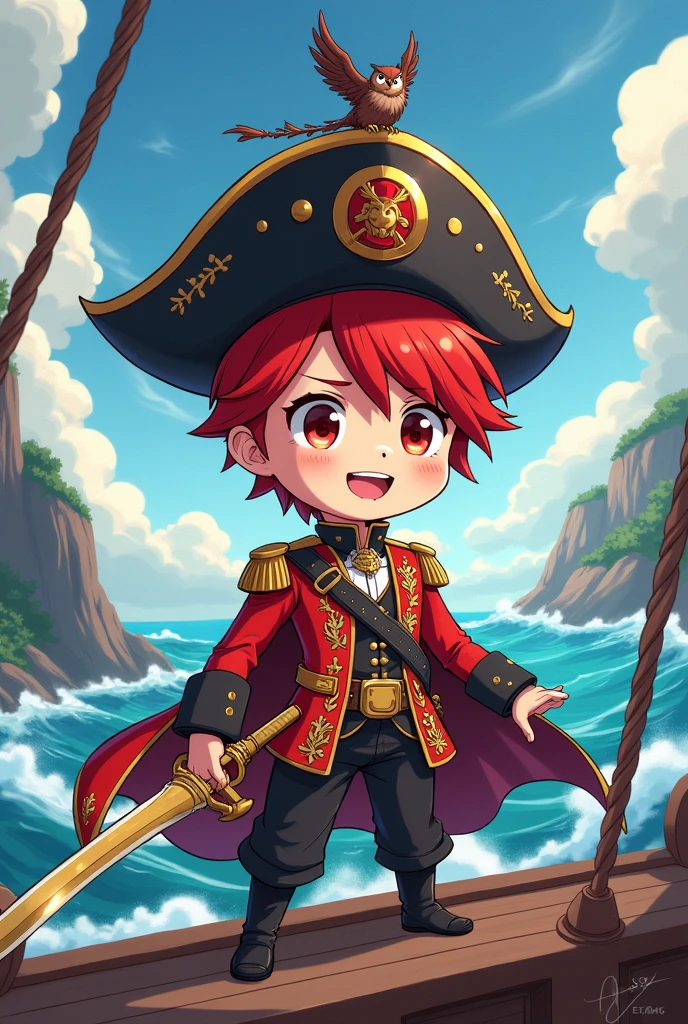Chibi-e,boy , pirate king, 1 boy , red short hair , handsome , red milatary coat , gold sword , happy , owl symbol crest hat , slim body , mordern ship , mordern clothes, ultra detail ,no repeat item , rough nature , action anime