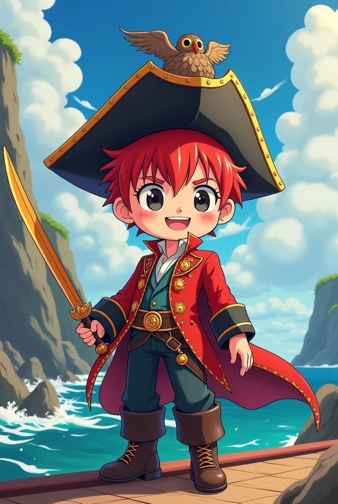 Chibi-e,boy , pirate king, 1 boy , red short hair , handsome , red milatary coat , gold sword , happy , owl symbol crest hat , slim body , mordern ship , mordern clothes, ultra detail ,no repeat item , rough nature , action anime
