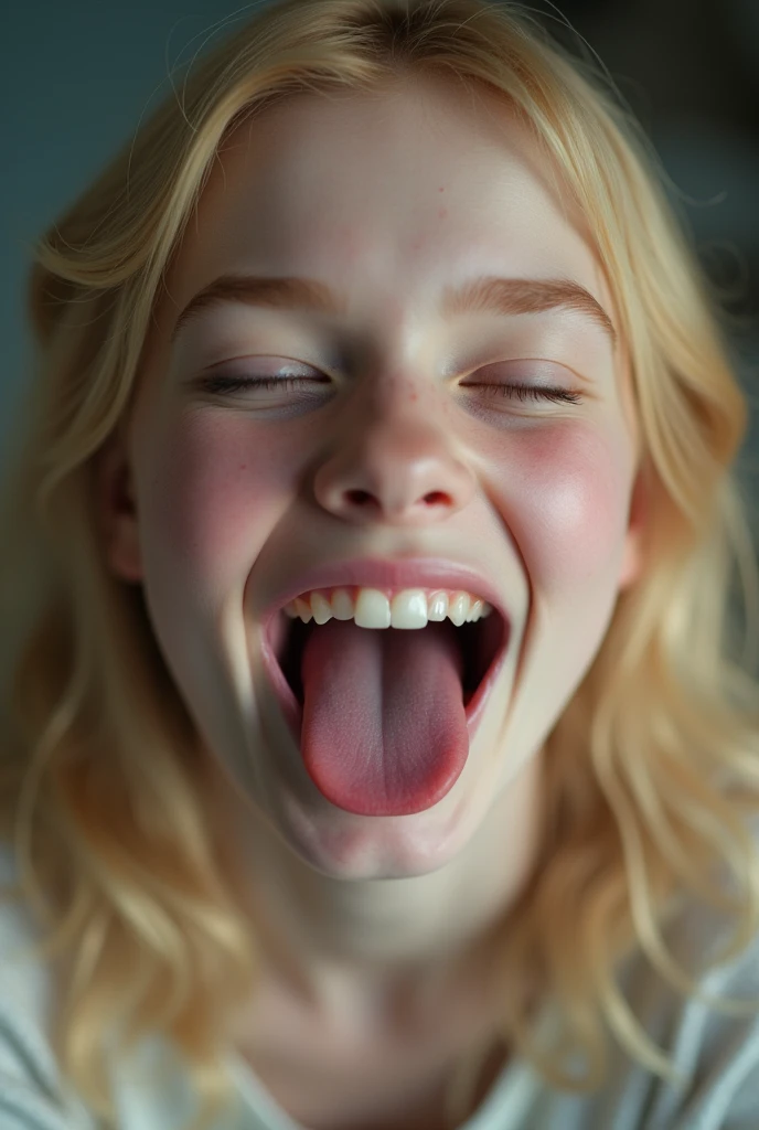 Closeup of a female young Elle Fanning's face, ((Elle Fanning)), actress Elle Fanning when she as 16, mouth very wide open and smiling, sticking out tongue, eyes closed, long hair, mouth full of milk, extreme skin detail, photorealistic, 8k, wallpaper, kneeling on floor, viewed from above