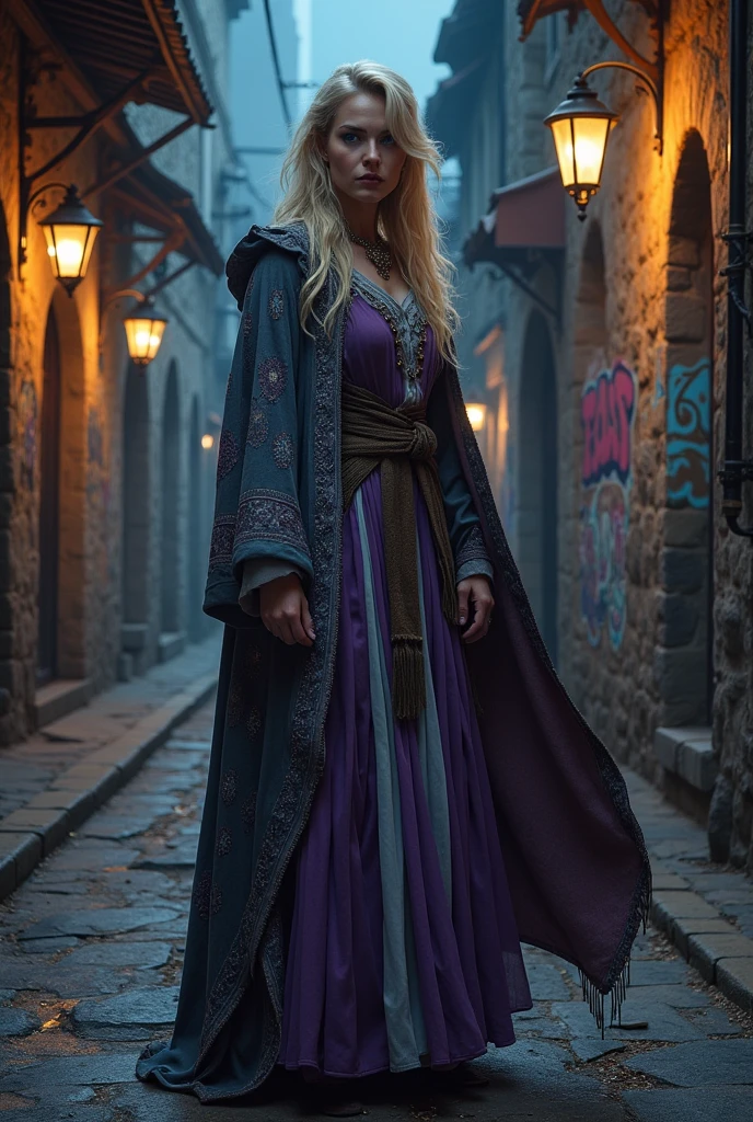 Female smuggler with a purple gray white robe and a half cape with a beautiful pattern, blonde hair and blue eyes 