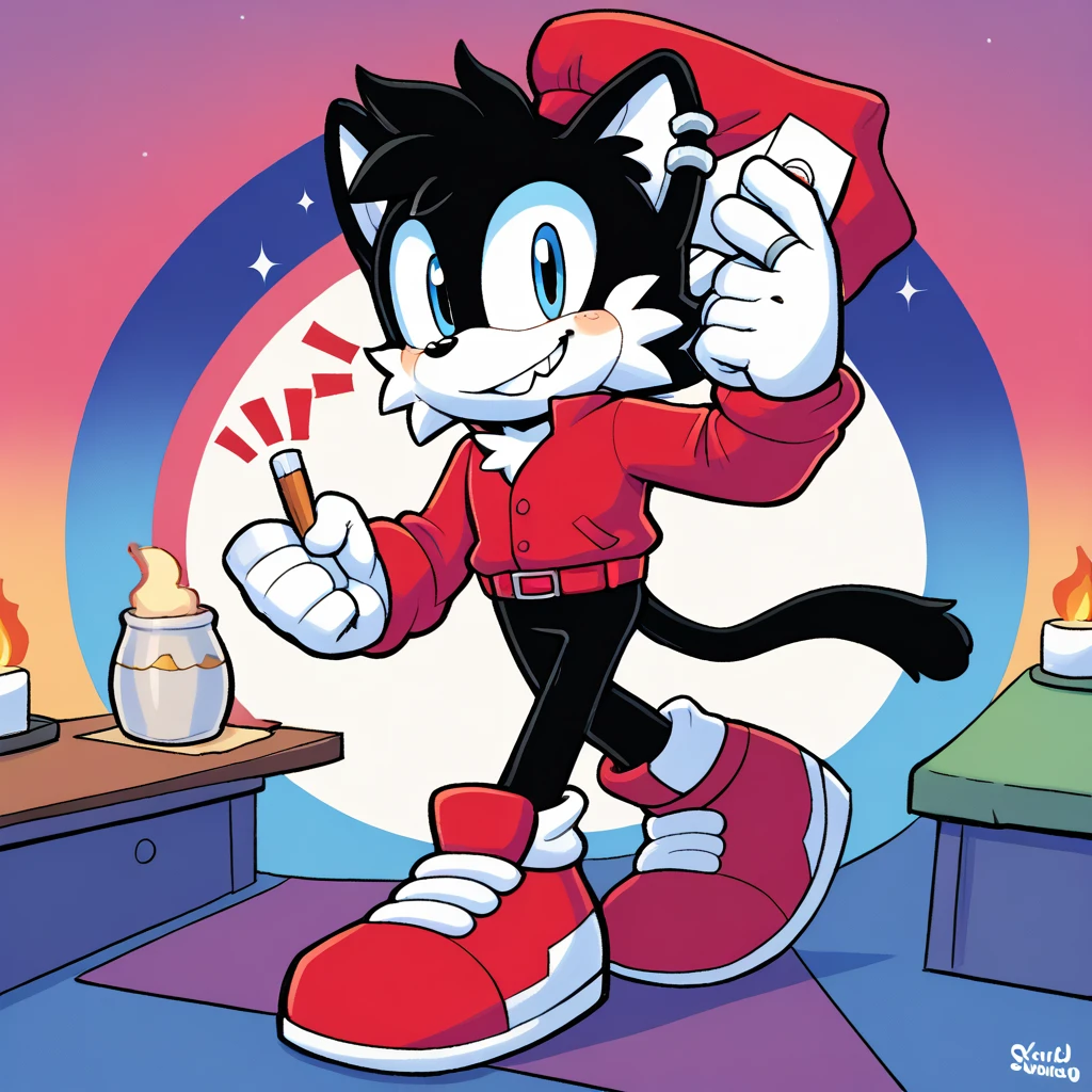 Name: Unfinished Harry
Appearance: he is a black cat that has one arm and one pupil in one of his eyes, and he has black fur and wearing red shoes with white stripe on them and that’s his appearance.
Personality: He is a smart Alec and he is sometimes a little pest of pestering and he is a happy and lovable guy.
Goals: Unfinished Harry’s goal is to find a ancient pencil to draw the rest of himself and be back to normal and full body.