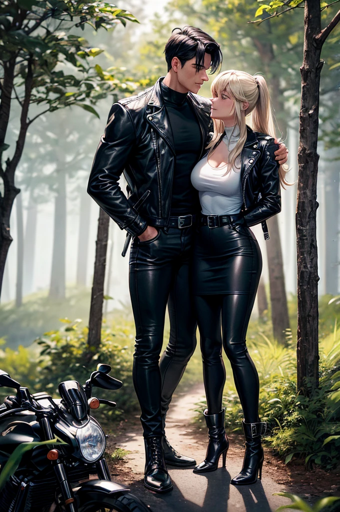 Masterpiece, best quality, Masterpiece, best quality, 1 woman, long blonde hair , Tight black leather motorcycle suit , big breasts , abdomen , Long legs , Put your hands on your hips.. , boots , full body , 1 man , Hold the woman&#39;s waist , abandoned factory , at night