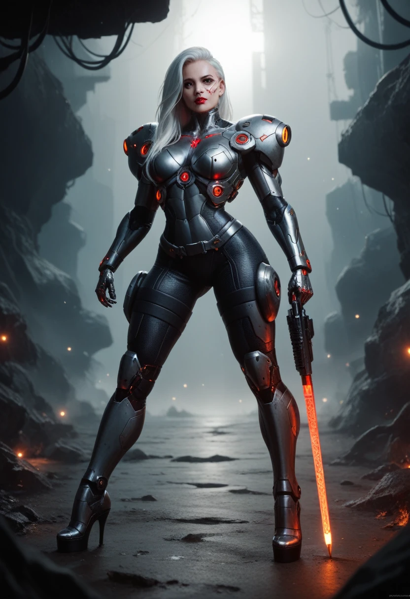 (full body:1.3),((ultra realistic illustration:1.2)),(cyberpunk:1.4),(dark sci-fi:1.3). Sexy Japanese (cyborg)woman, with long white hair, red lipstick, wearing leather lingersuit, fishnets, jacket, thigh high boots. Rebellious. Dystopic megacity, gritty, neon, hell, Armored Core, Battletech. Front Mission. Masterpiece, (highly detailed:1.2),(detailed face and eyes:1.2), 8k wallpaper, natural lighting. core shadows, high contrast, bokeh.