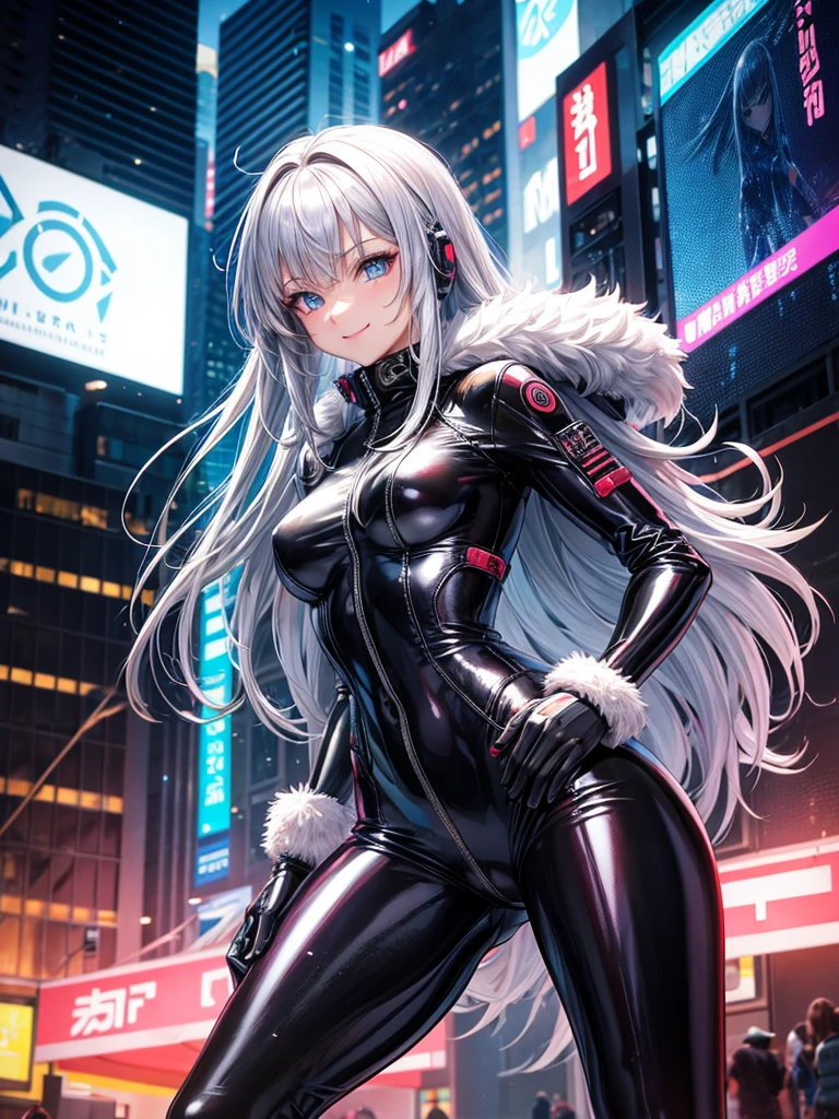 Best Quality，8k，middle School girls，Colorful latex suit，Bodysuits，smile，Robot fighter，I'm grating my bangs，ＳＦ，Straight Hair，fur jacket，Hands in pockets，Leather pants，perfectionにまっすぐな髪型，Smooth hair，Silver Hair，beautiful girl，blue eyes，Standing posture，Cyberpunk Girl，Naughty，model，Absurd，Wearing，I&#39;m horny，Naughty，masterpiece，perfection，smile，Long Hair，